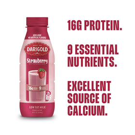 Darigold Strawberry 1 Percent Milk nutrition facts panel emphasizes essential nutrients.