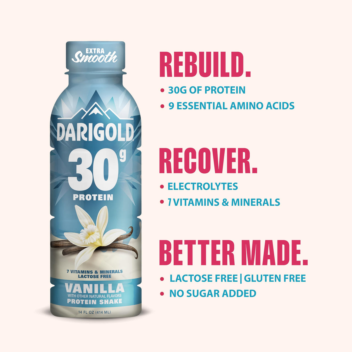 Darigold Vanilla Protein Shake ingredients emphasize electrolyte-rich hydration.