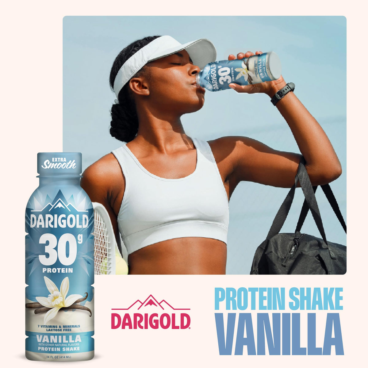 Darigold Vanilla Protein Shake pack demonstrates 12-pack convenience for daily use.