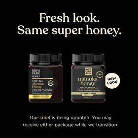 Dark amber Manuka UMF25 honey in jar