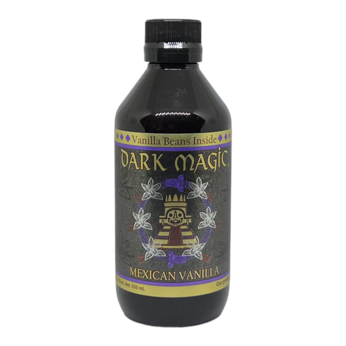 Dark Magic vanilla extract close-up showing real vanilla beans inside