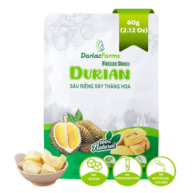 DARLACFARMS freeze-dried durian bites in a 60g pack showing creamy aroma for on-the-go snacking