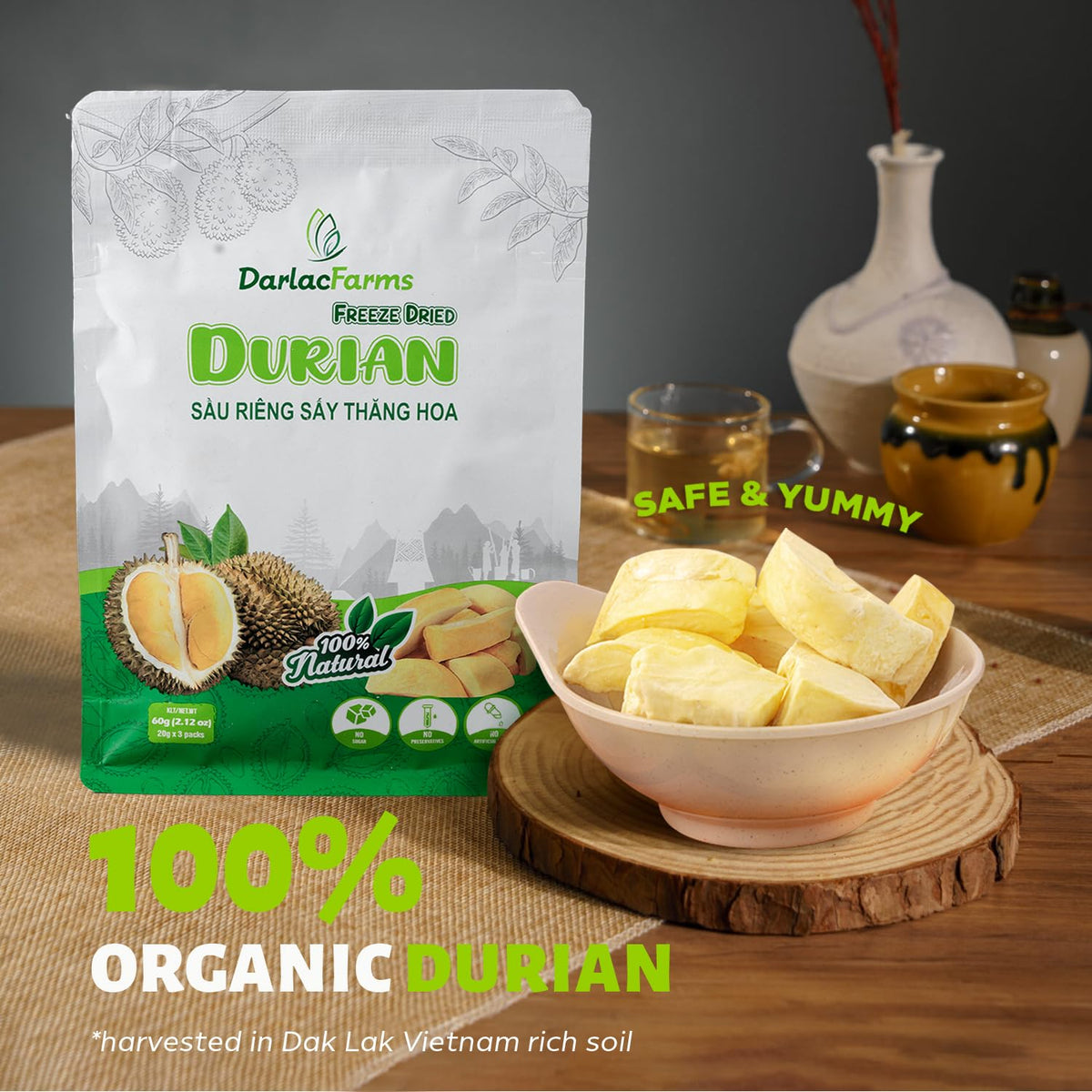 DARLACFARMS three mini-packs of durian bites for convenient portions