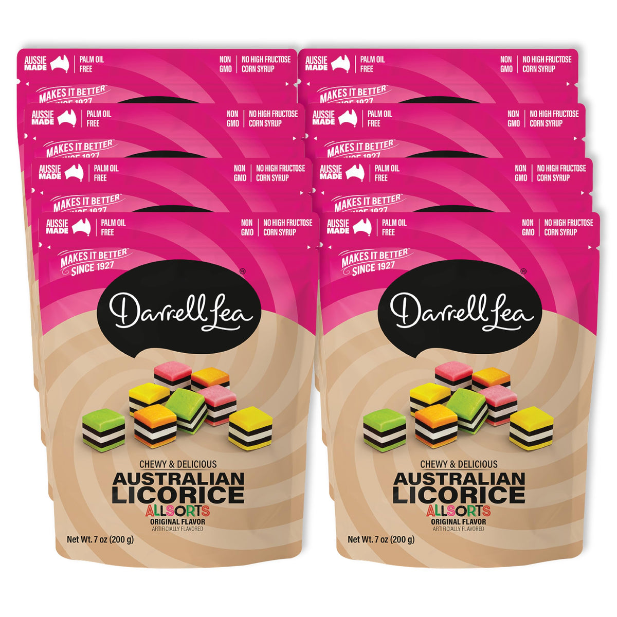 Darrell Lea Allsorts soft licorice pack, colorful layers, ideal for on-the-go snacking.