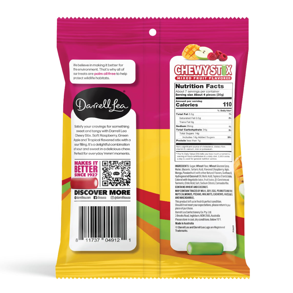 Darrell Lea Chewy Stix close-up of green apple and raspberry with sour filling.