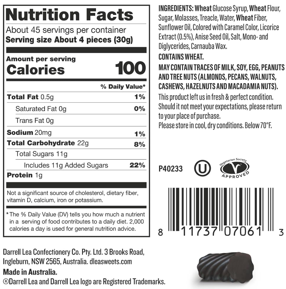 Darrell Lea licorice tub, non-GMO and palm oil free, plant-based treat.