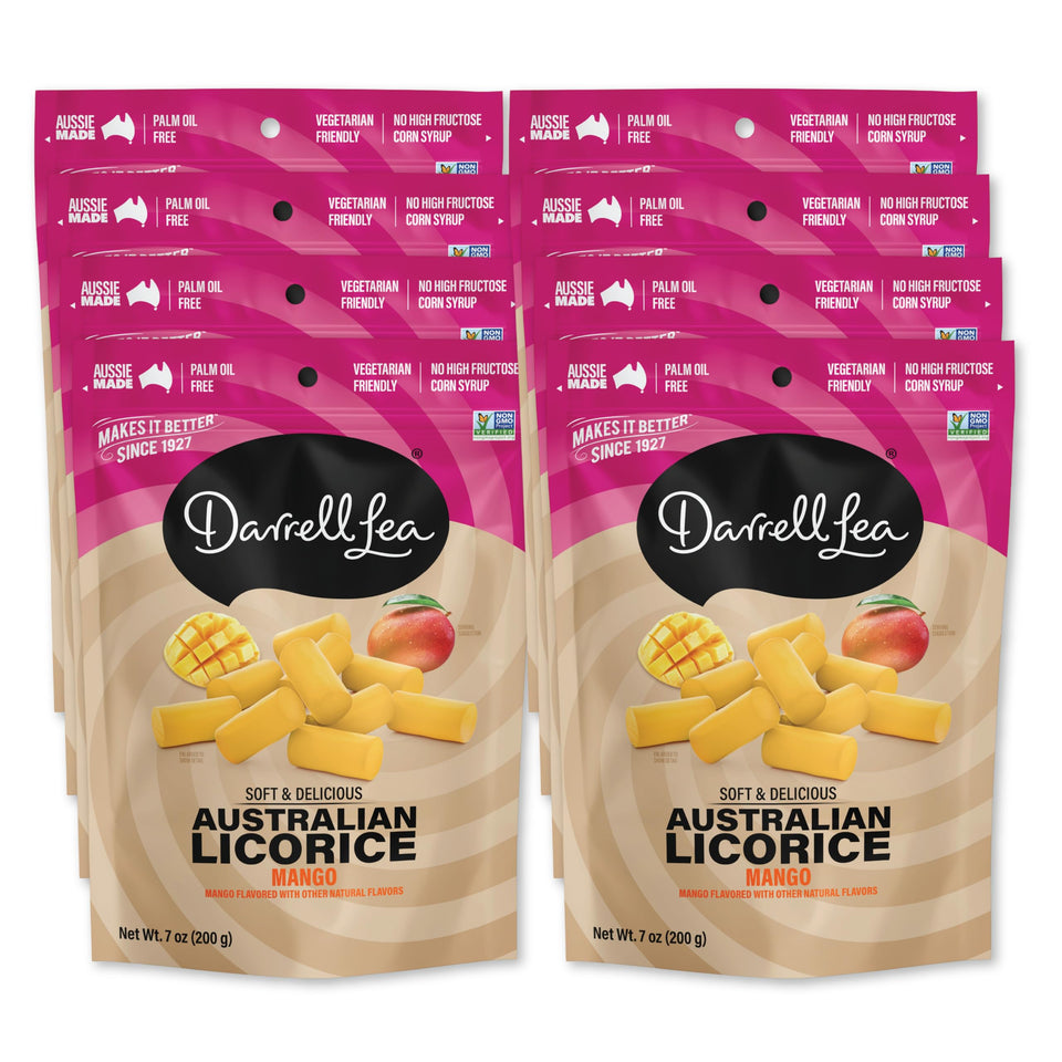 Darrell Lea Mango Licorice pack highlighting soft, chewy texture for snacking.