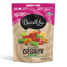 Darrell Lea mixed fruit licorice bites offer tangy flavor in a soft chew for lunchboxes.