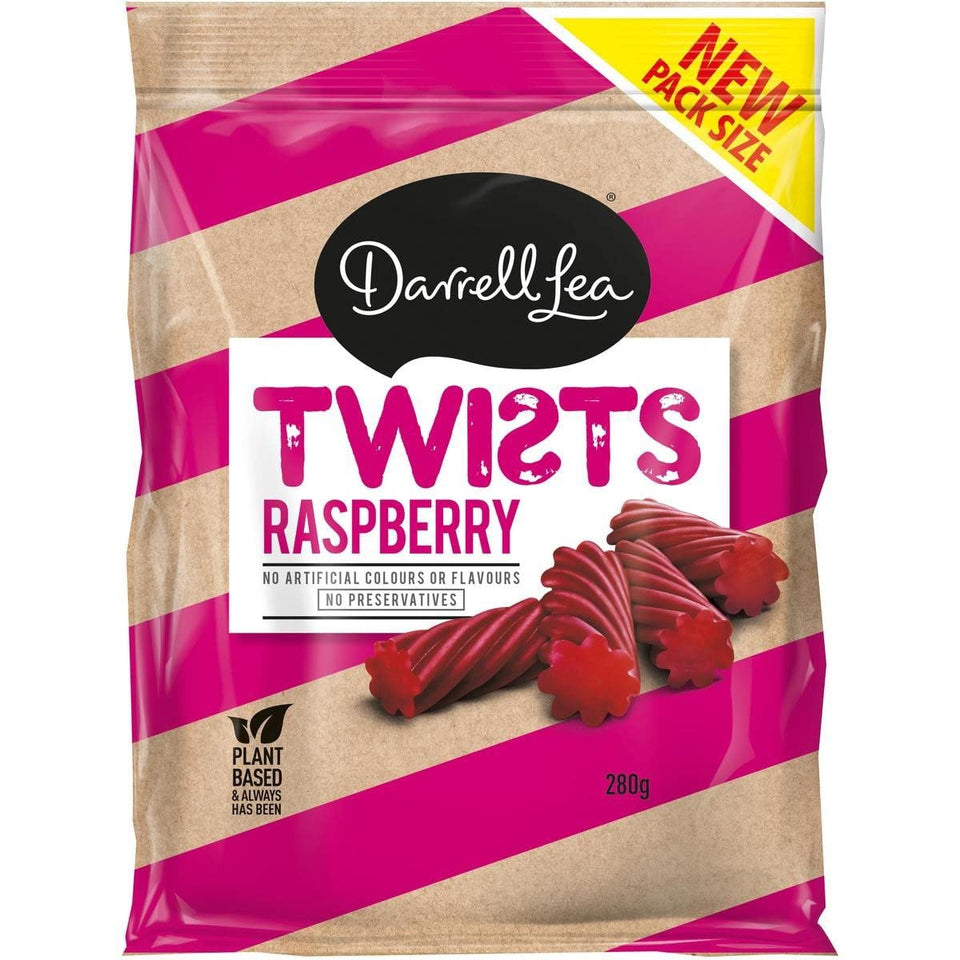 Darrell Lea Raspberry Liquorice Twists candy close-up showing chewy twists and raspberry color, ideal for snacking and sharing.