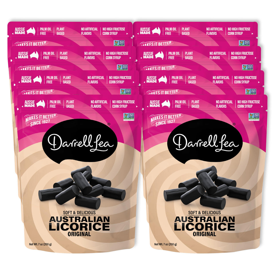 Darrell Lea Soft Australian Licorice Original Black packaging, a chewy non-GMO snack.