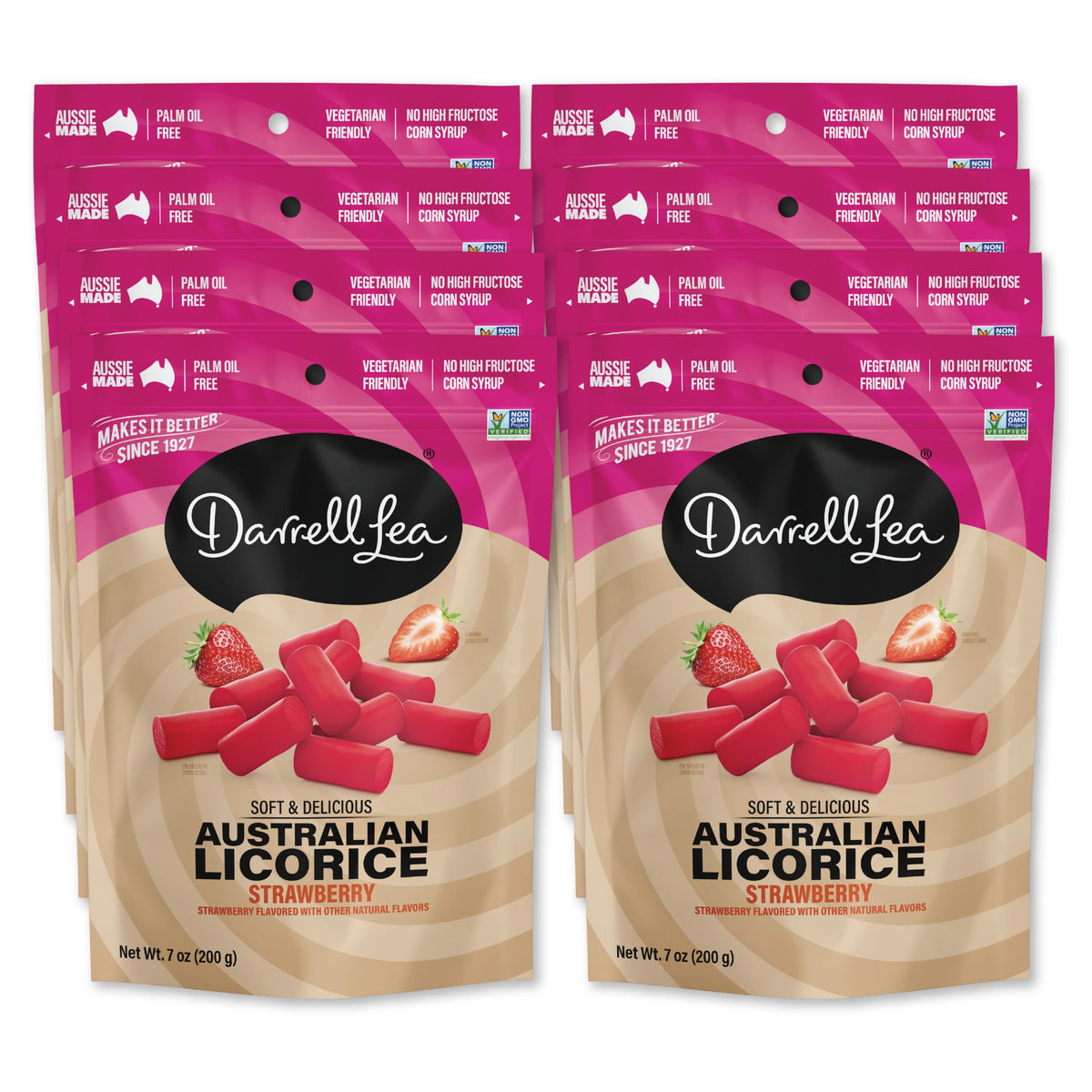 Darrell Lea soft Australian licorice strawberry bite close-up, smooth texture for snacking