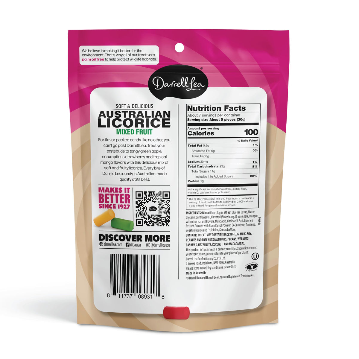 Darrell Lea soft chewy licorice close-up emphasizing plant-based goodness and flavor.