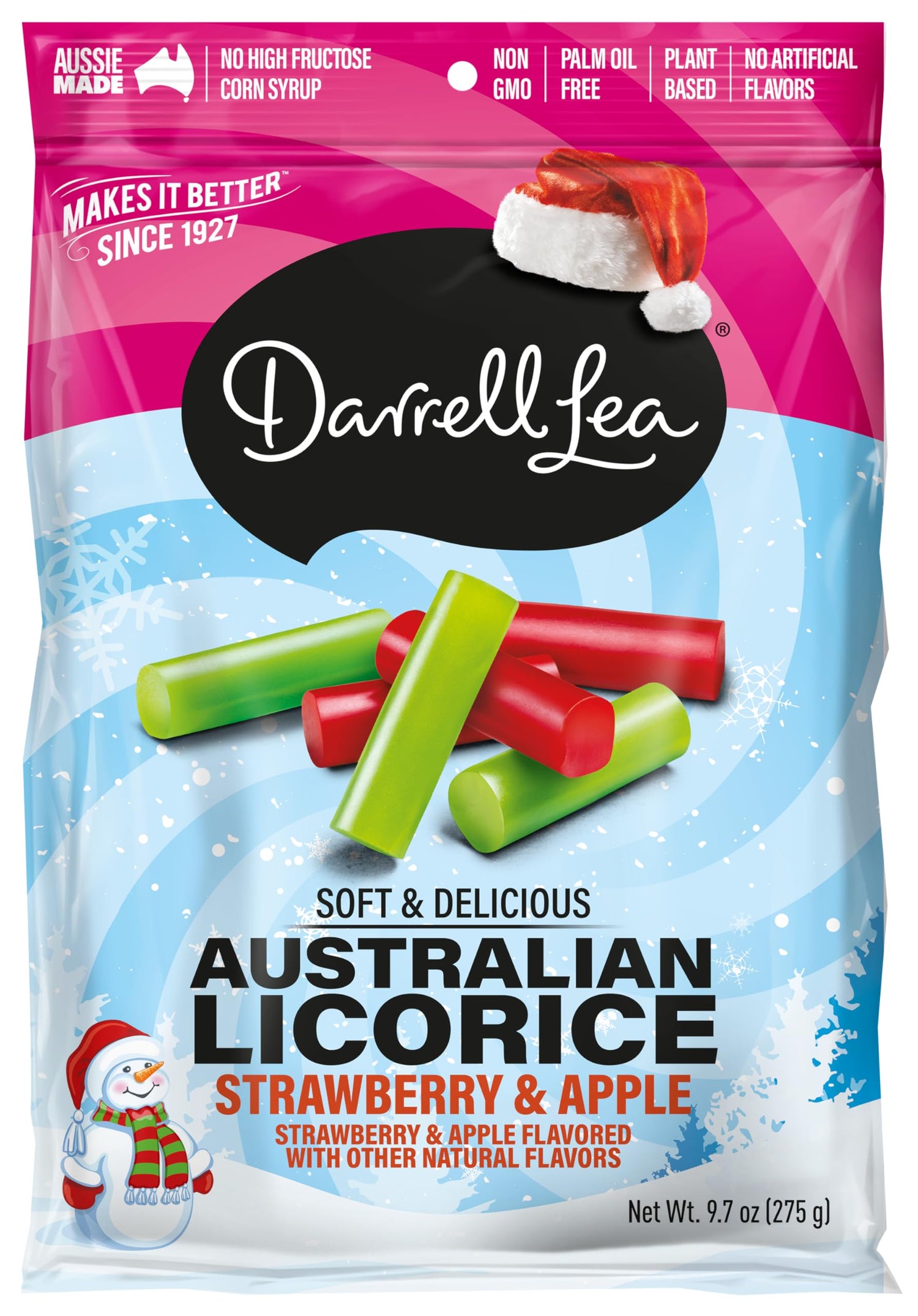 Darrell Lea Soft Licorice Strawberry & Apple holiday pack offers chewy, Aussie flavor perfect for sharing.
