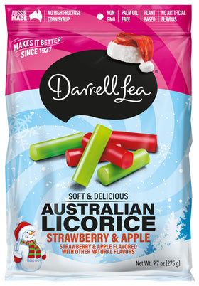 Darrell Lea Soft Licorice Strawberry & Apple holiday pack offers chewy, Aussie flavor perfect for sharing.