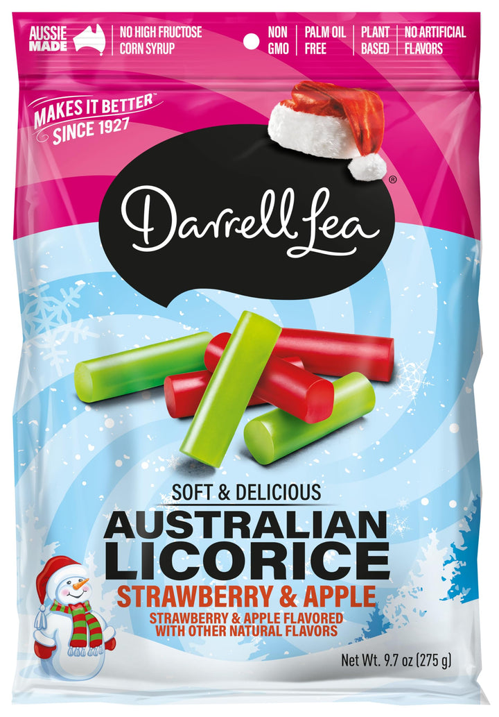 Darrell Lea Soft Licorice Strawberry & Apple holiday pack offers chewy, Aussie flavor perfect for sharing.