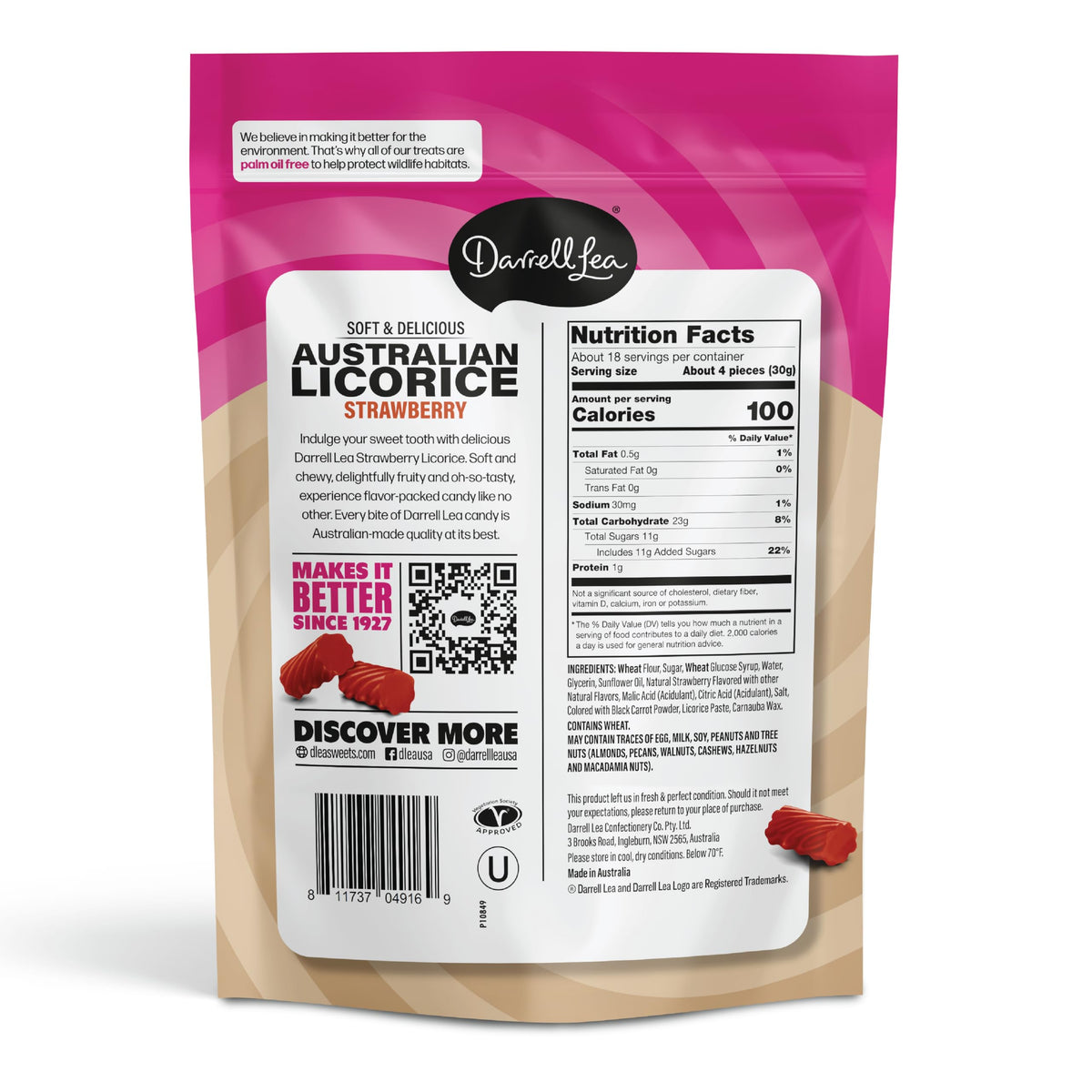 Darrell Lea palm oil-free strawberry licorice in a family-sized 20oz box, ideal for sharing