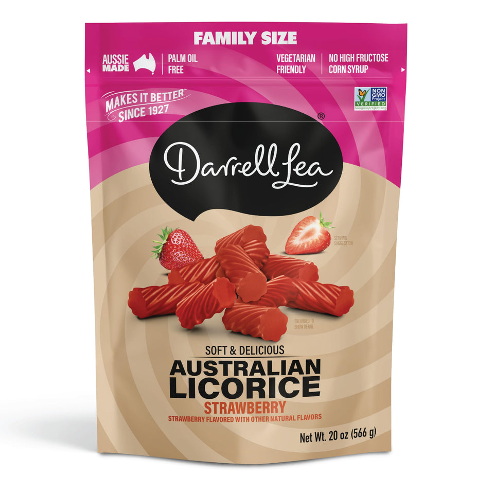 Darrell Lea strawberry licorice in soft, chewy 20oz family pack