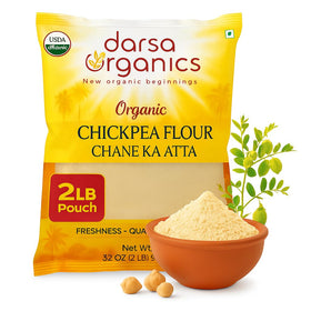 Darsa Organics chickpea flour bag highlighting gluten-free baking and everyday pantry staple.