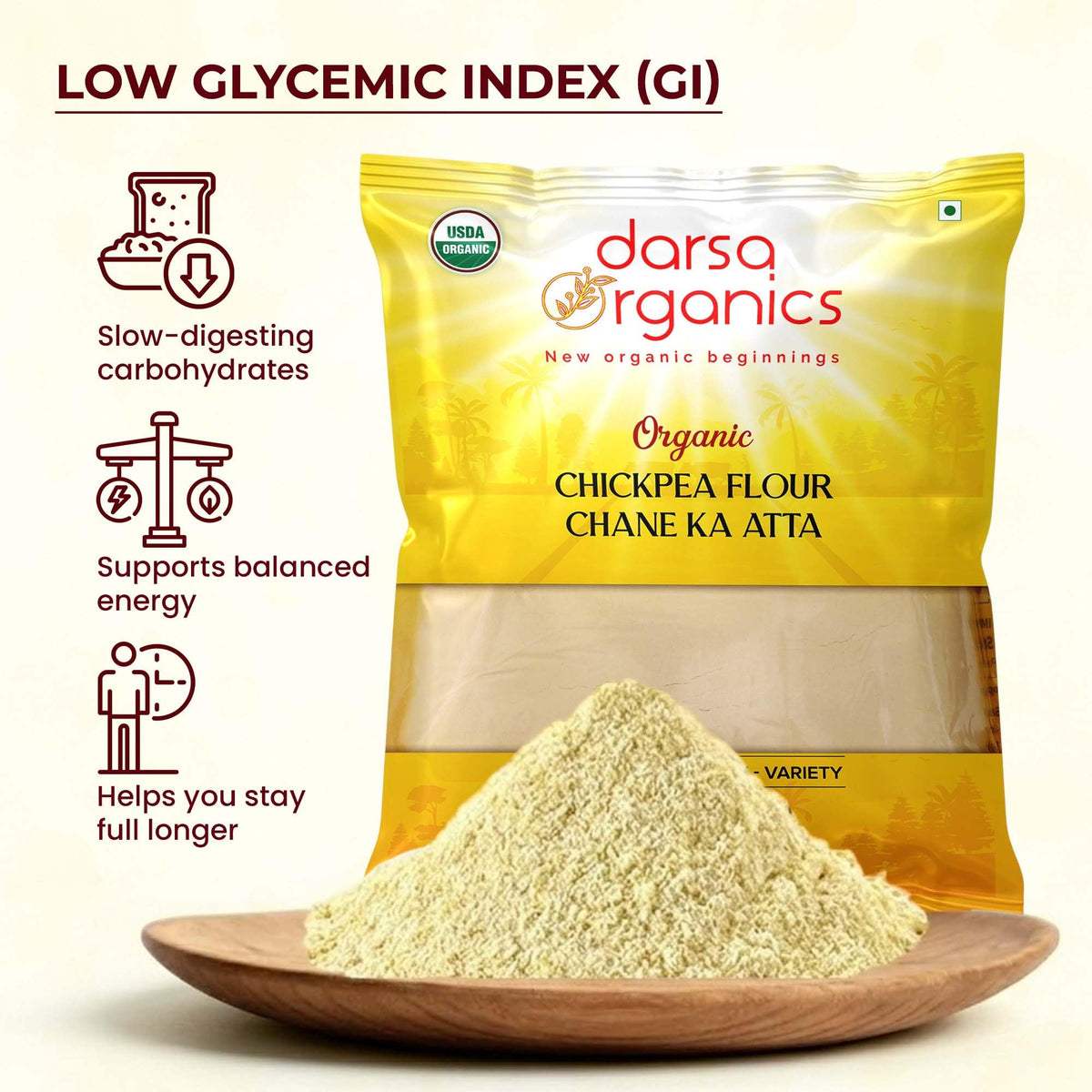 Darsa Organics besan flour as egg substitute for quiches and fried foods.