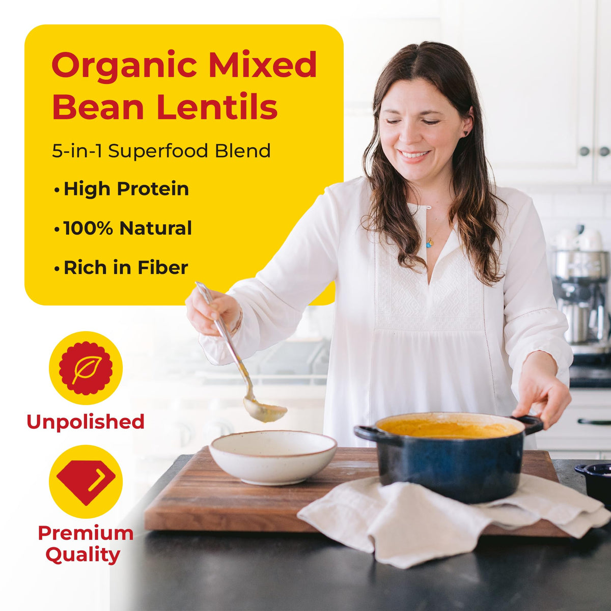 Darsa Organics lentil pour image suggests easy rinsing and quick simmering for weeknight dinners.