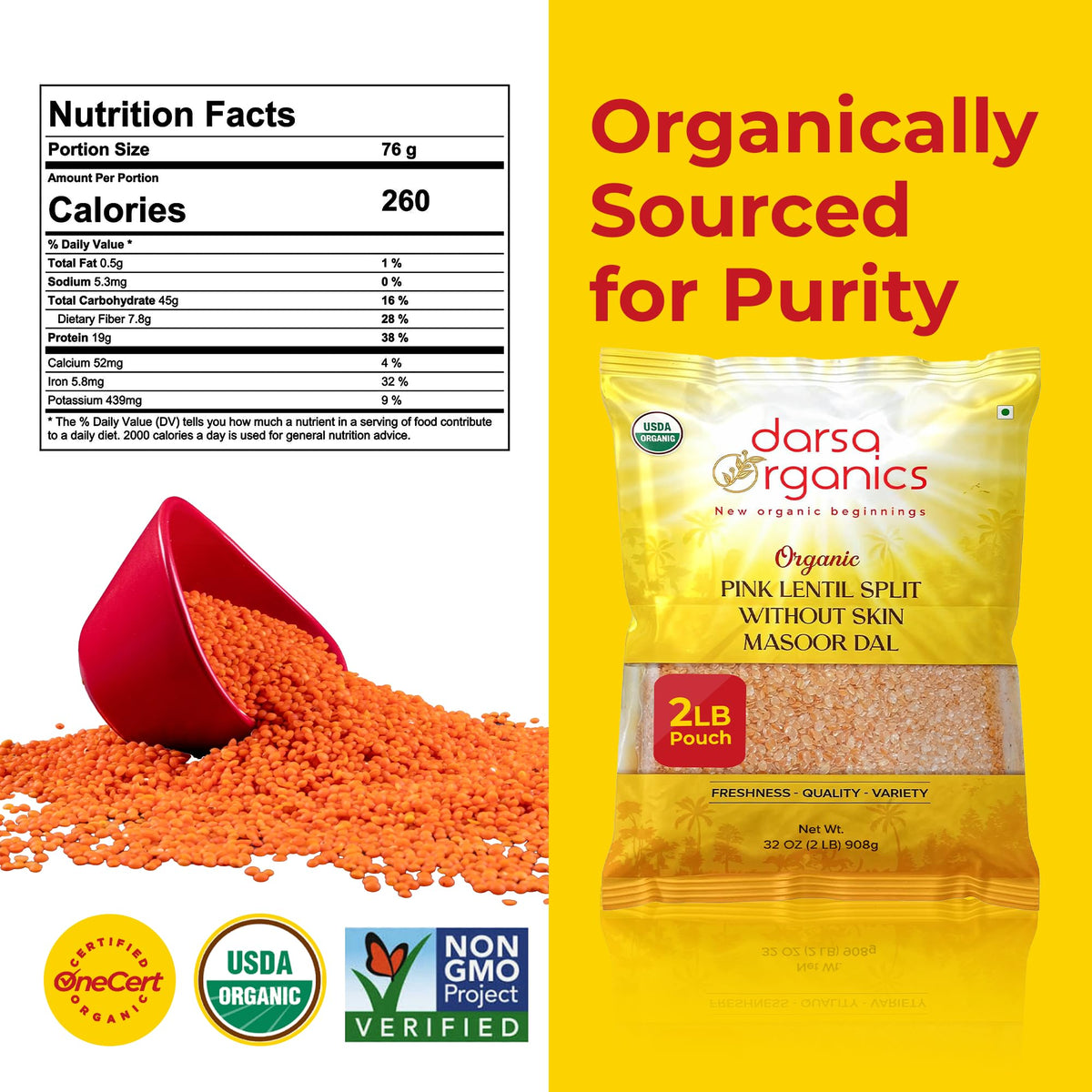 Darsa Organics masoor dal raw pink lentils ideal for wholesome soups.
