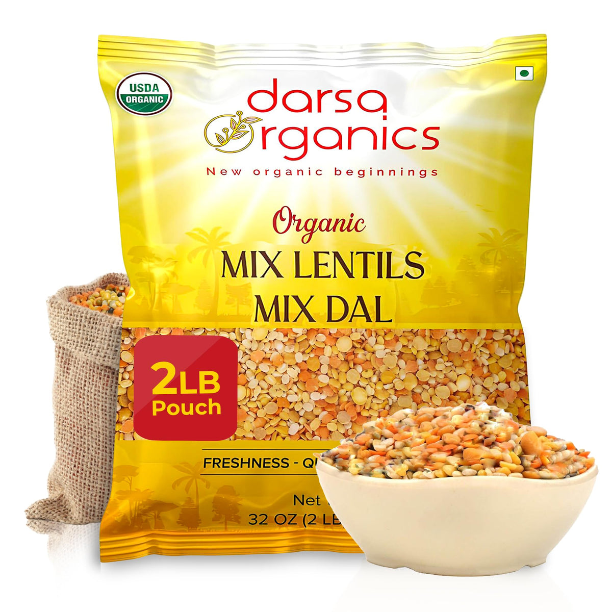 Darsa Organics mixed lentils packaging shows a ready-to-use pantry staple for soups and stews.
