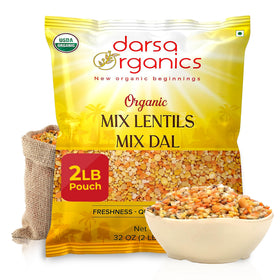 Darsa Organics mixed lentils packaging shows a ready-to-use pantry staple for soups and stews.