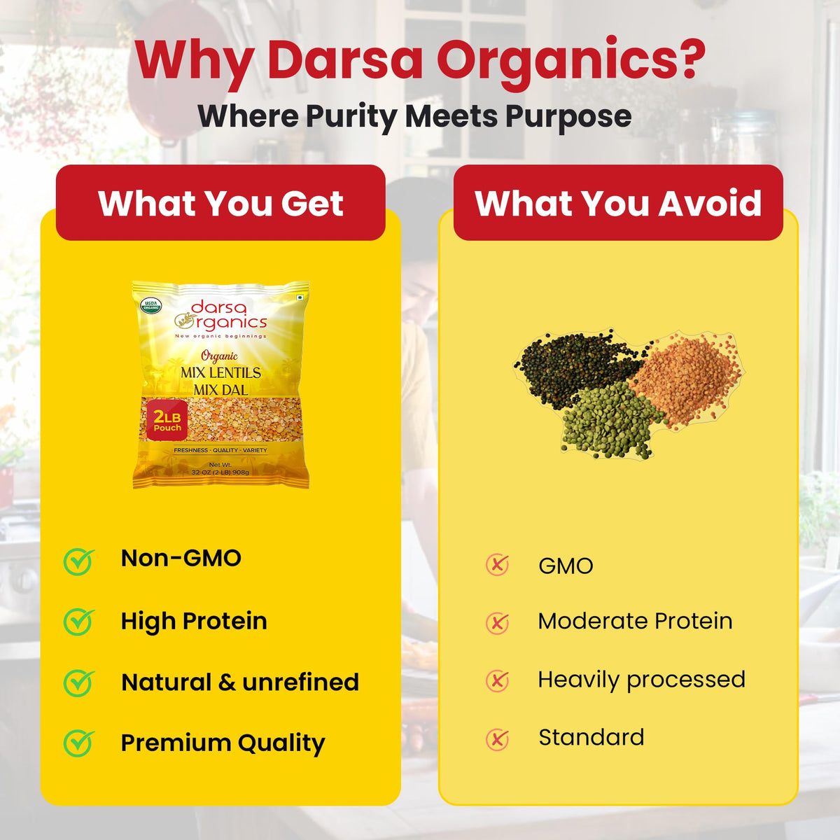 Darsa Organics pantry storage lentils emphasize freshness in recyclable packaging.