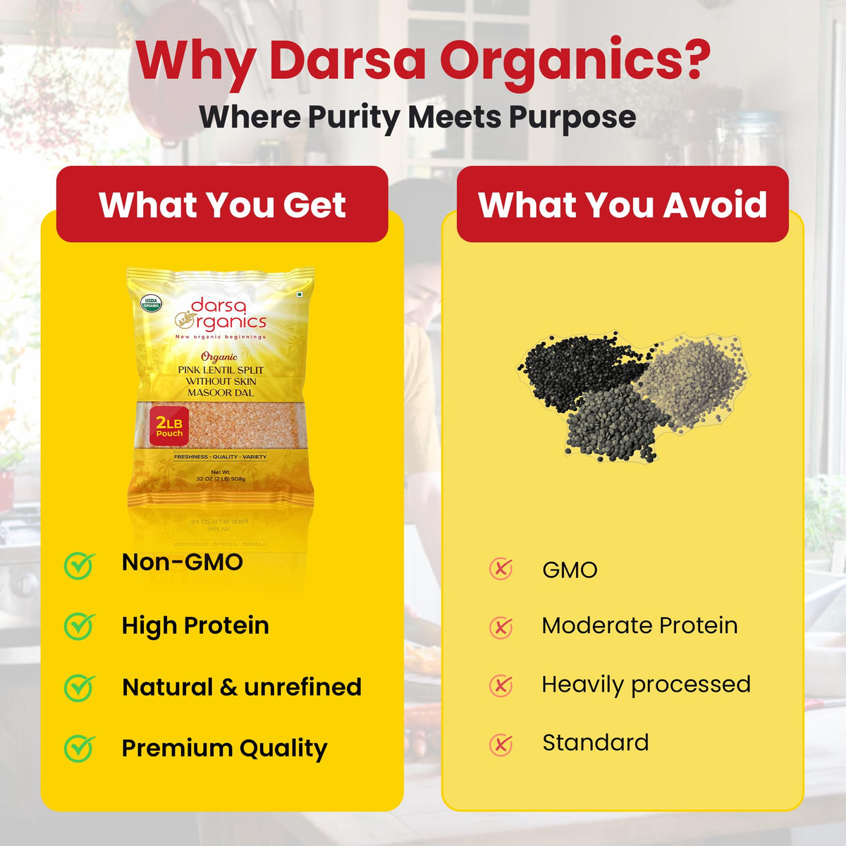 Darsa Organics split red lentils with spices, easy weeknight curry base.