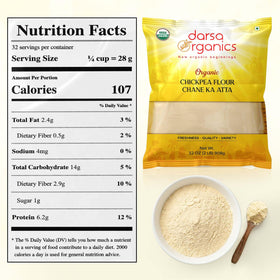 Darsa Organics stone-ground besan flour texture close-up for silky, light batters.