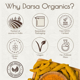 Darsa Organics turmeric root culinary use closeup for teabags, marinades, and curries