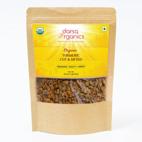 Darsa Organics turmeric root cut and sifted in 16oz for curry and tea ready to brew