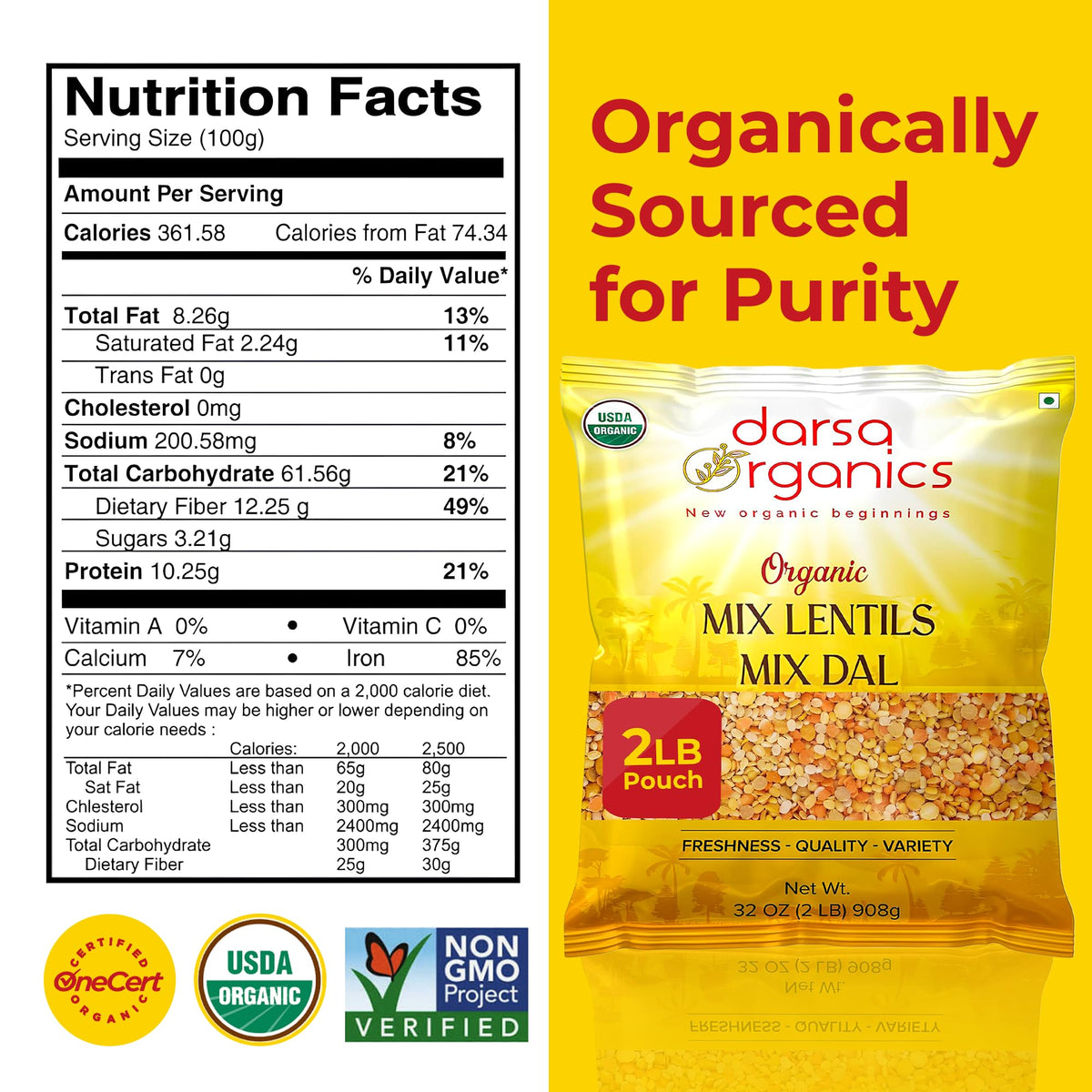 Darsa Organics yellow and red lentils mix delivers rich flavor and smooth texture in curries.