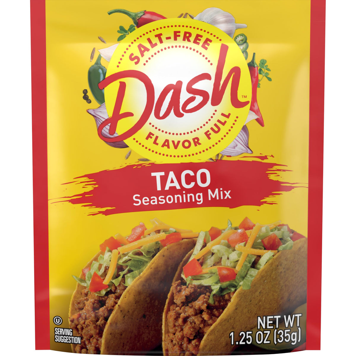 Dash salt-free taco seasoning pack front view for quick flavor.