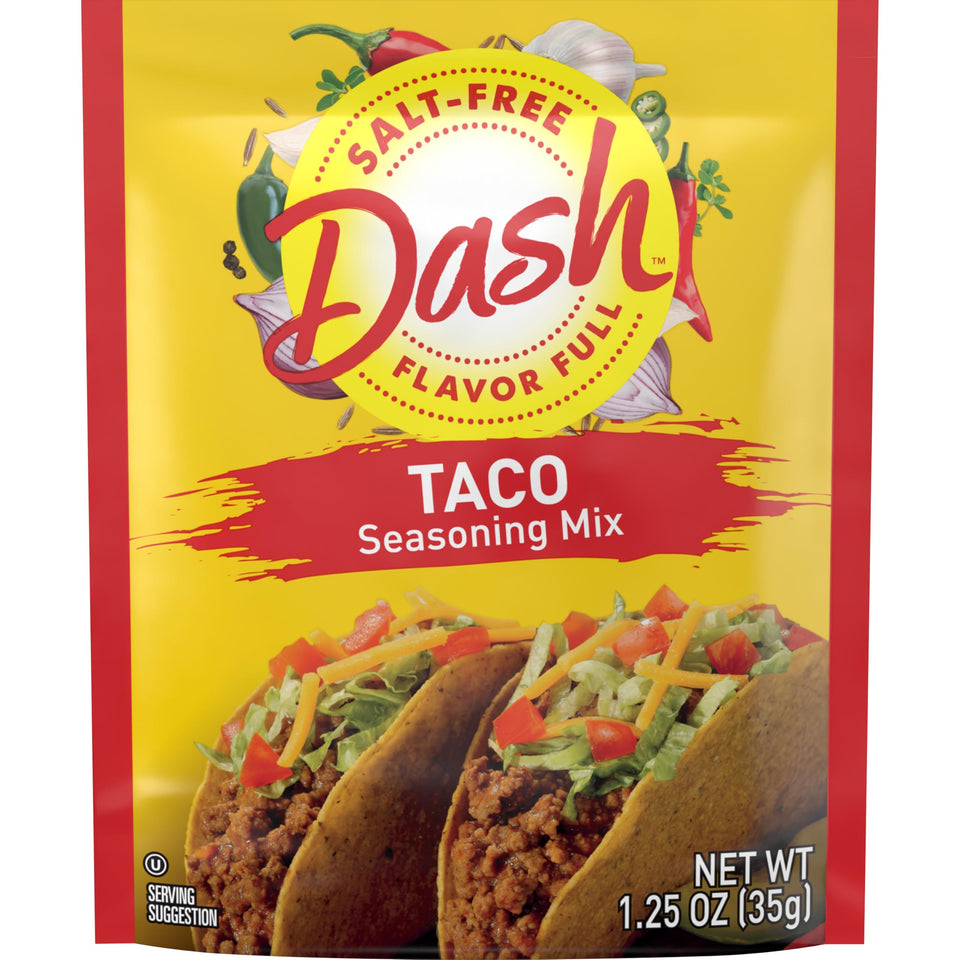 Dash salt-free taco seasoning pack front view for quick flavor.