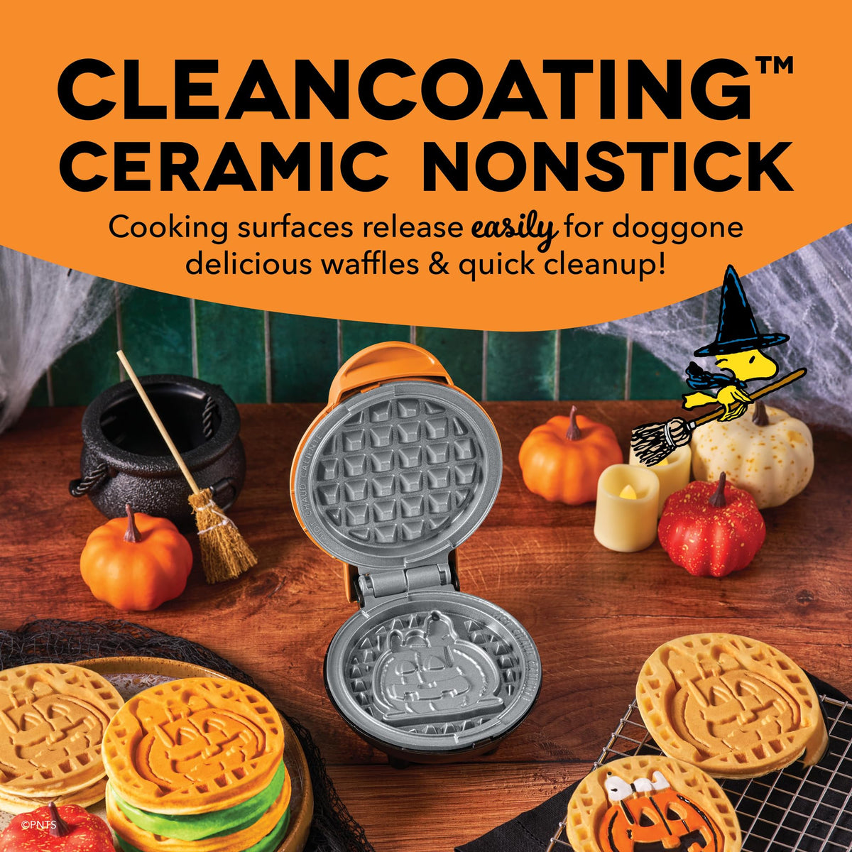 DASH Snoopy Jack-o-Lantern design, plug-in setup for quick, easy waffles.