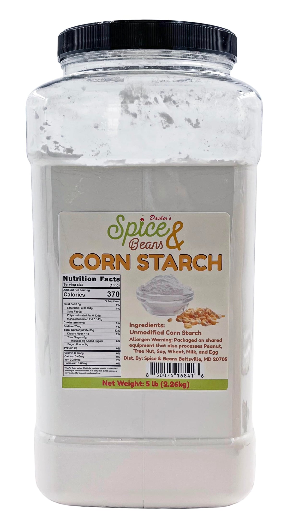 Dasher's Spice & Beans corn starch bag on kitchen counter showing neutral thickening power.