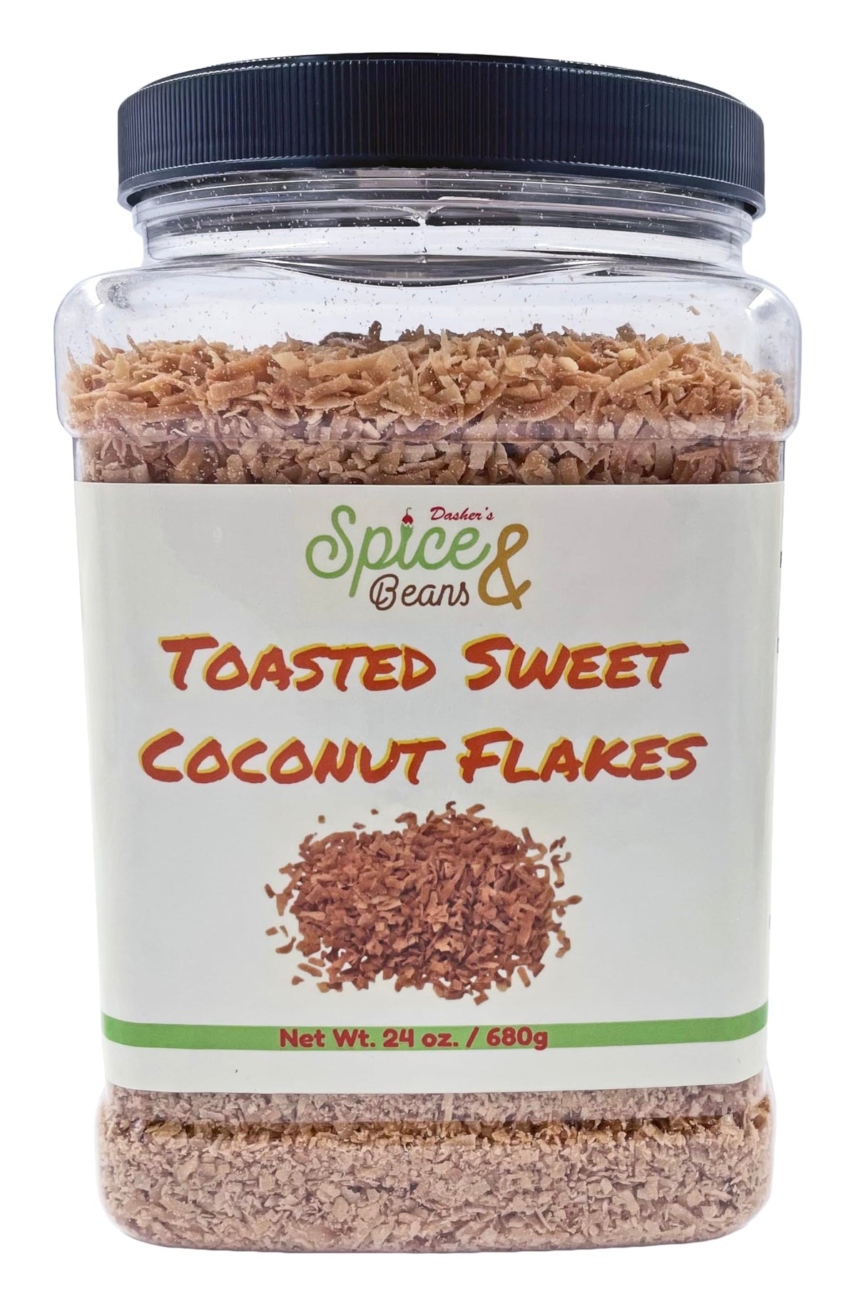 Dasher's Spice & Beans toasted coconut flakes pack shot, ideal for topping desserts.