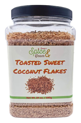 Dasher's Spice & Beans toasted coconut flakes pack shot, ideal for topping desserts.