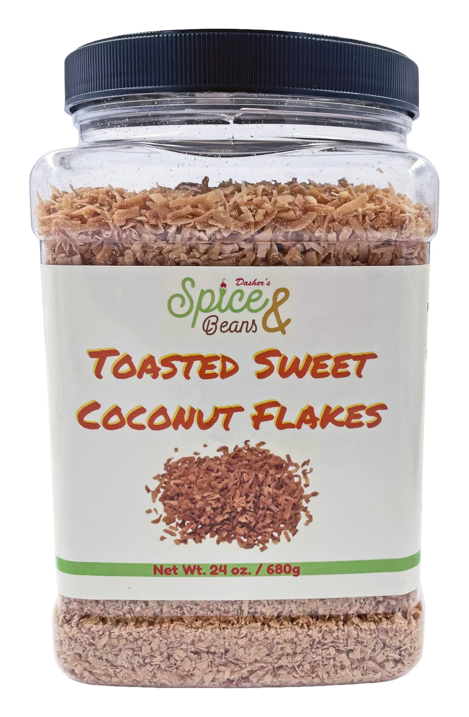 Dasher's Spice & Beans toasted coconut flakes pack shot, ideal for topping desserts.
