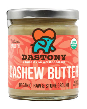 Dastony Organic Raw Cashew Butter jar shows simple, single-ingredient goodness.