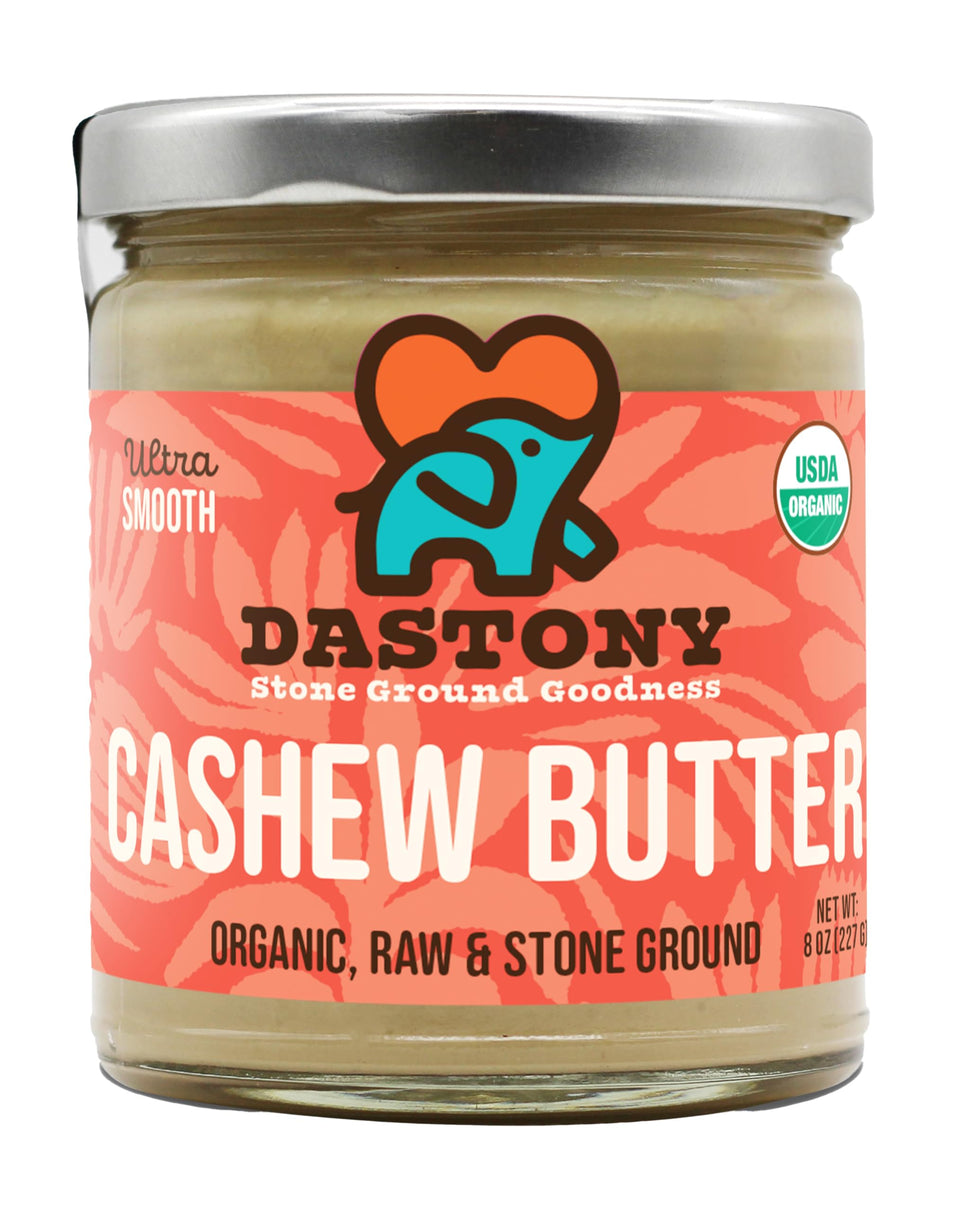Dastony Organic Raw Cashew Butter jar shows simple, single-ingredient goodness.