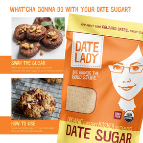 Baking scene demonstrates 1:1 sugar substitution with Date Lady Date Sugar.