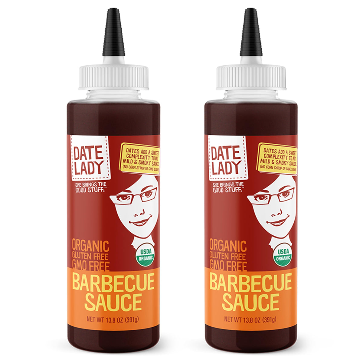 Date Lady BBQ Sauce 2-pack bottle front, gluten-free and vegan-friendly.
