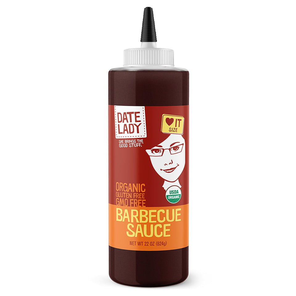 Date Lady BBQ Sauce bottle label highlights organic, gluten-free ingredients for everyday grilling.