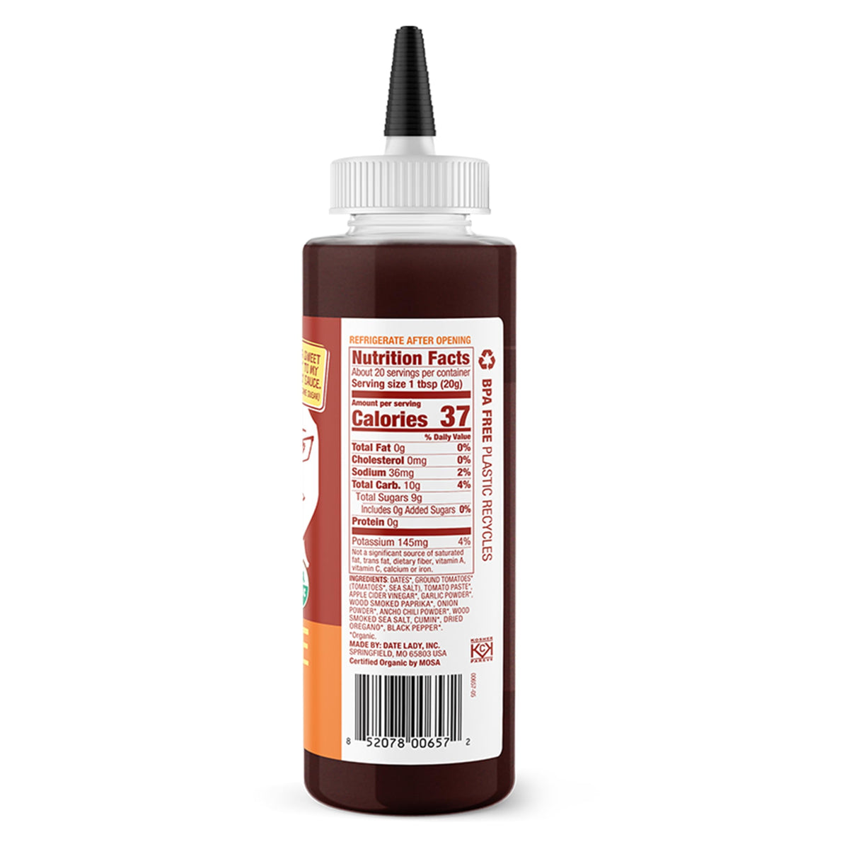 Date Lady BBQ Sauce bottle pouring glaze for rich, smoky finish.