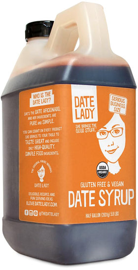 Date Lady bulk date syrup bottle showcases 5.8 lb of 100% dates, a versatile sweetener.