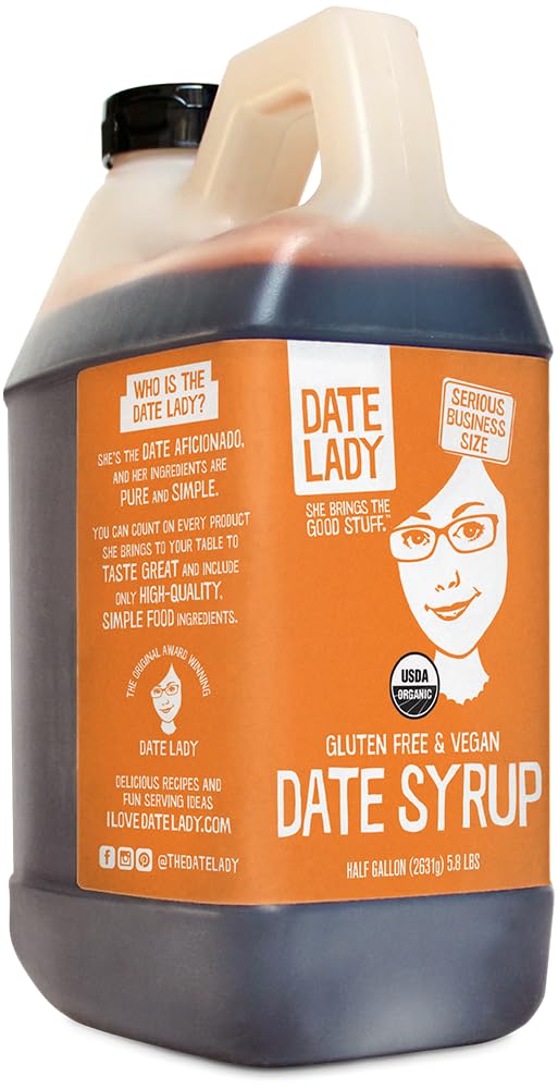 Date Lady bulk date syrup bottle showcases 5.8 lb of 100% dates, a versatile sweetener.