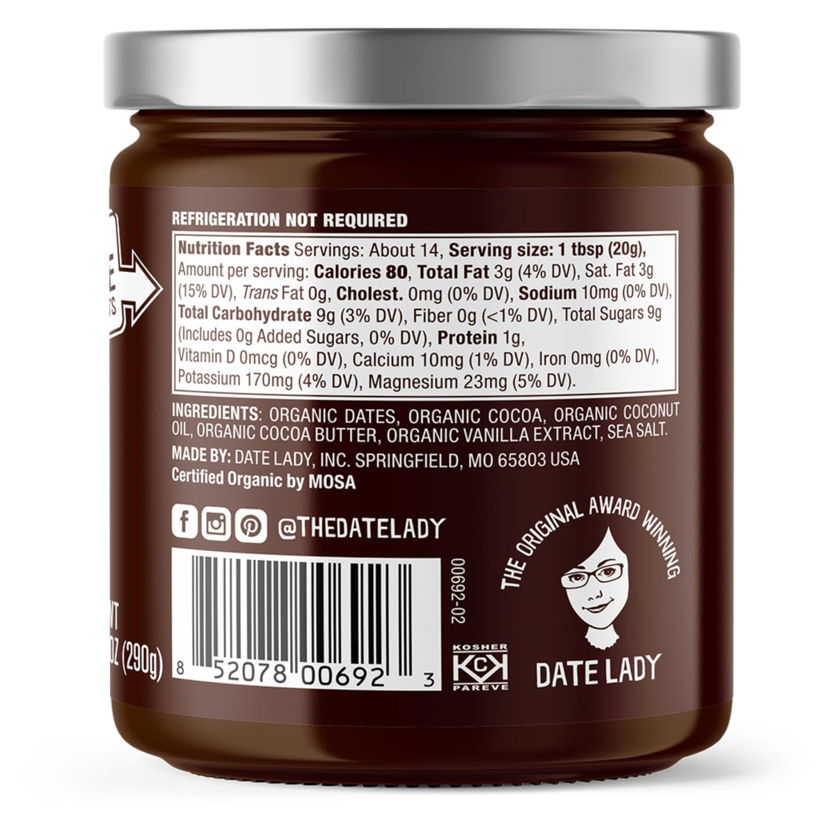 Date Lady Chocolate Date Spread closeup shows creamy texture, perfect for toast topping