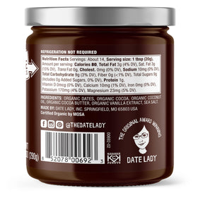 Date Lady Chocolate Date Spread closeup shows creamy texture, perfect for toast topping